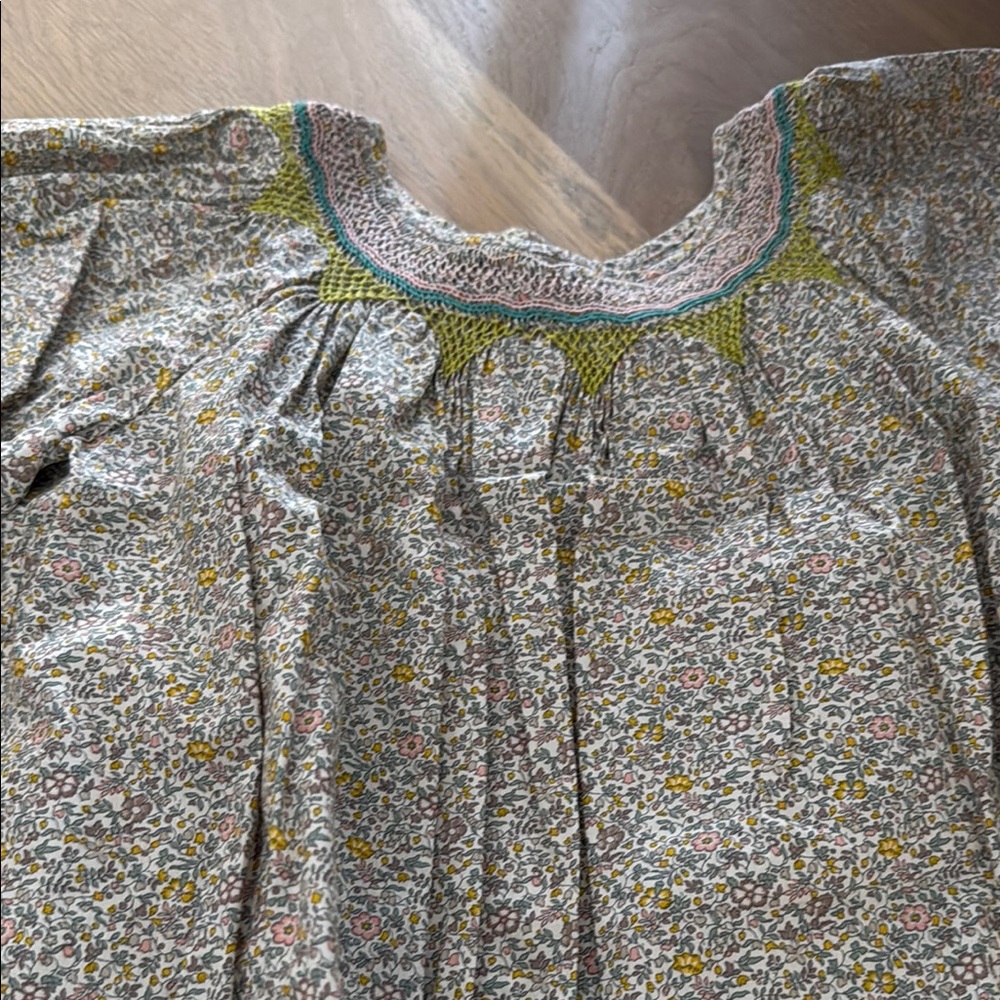 Bonpoint Gray and Yellow Smocked Pleated Casual Dress